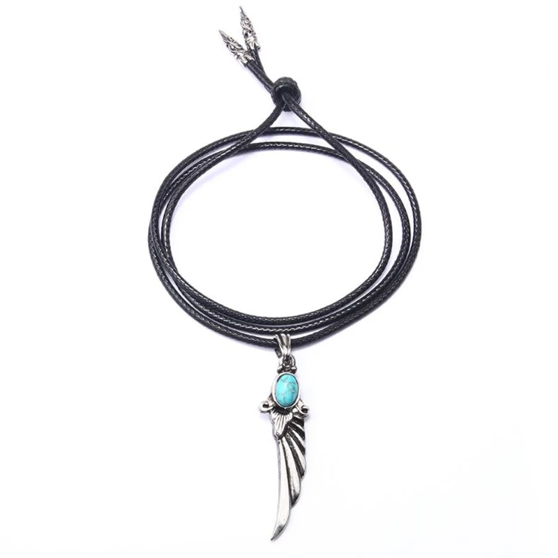 Tibetan Silver Angel Wing Feather Necklace Blue Beads Pendants Long Waxed Cotton Cord Chain Women Men Jewelry | Украшения и