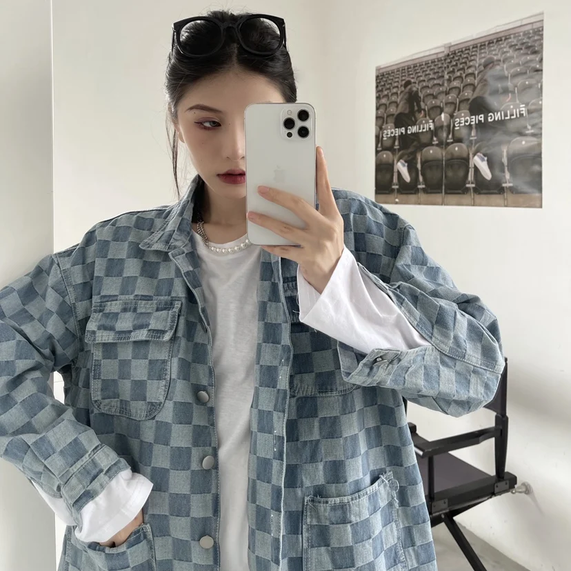 Повседневный Свободный кардиган в клетку стиле Харадзюку Оригинальный жакет с