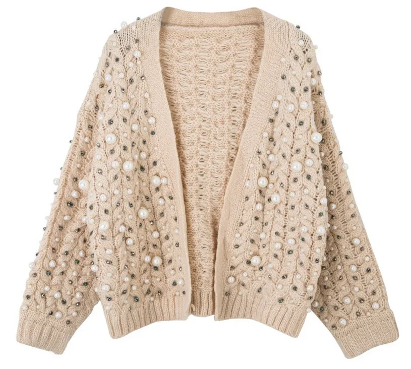 Женский вязаный свитер с буфами на рукавах Свободный жемчужинами весна осень 2020|