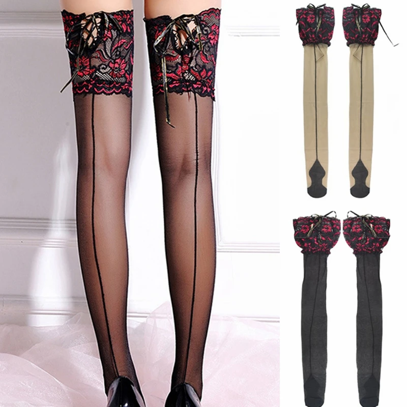 

Lace Flower Sexy Stockings Women Non-slip Silicone Elastic Bandage Thigh Socks Retro Heel Back Seam Over Knee High Stocking