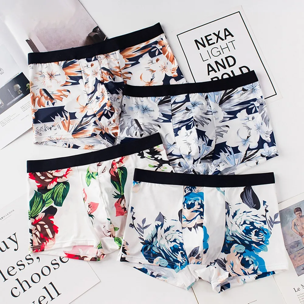 

4 Pcs Printed Boxers Men Ice Silk Underwear Seamless Panties Mans Mans U-convex Bottoms Short Pouch Comfy Sport Underpant