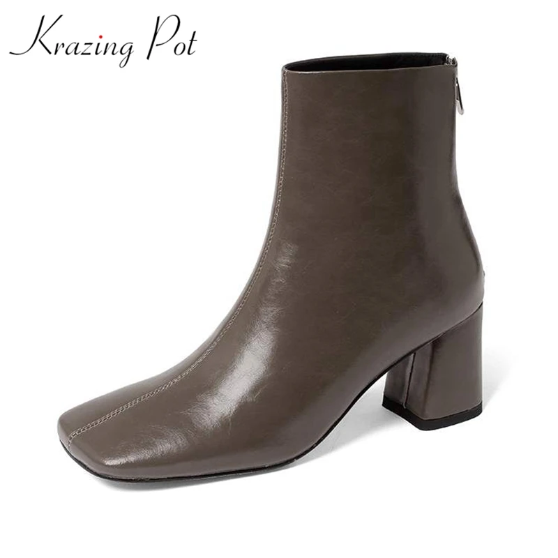 

Vichelo Hot genuine leather thick high heels winter warm Chelsea boots zip square toe street wear office lady modern ankle boots
