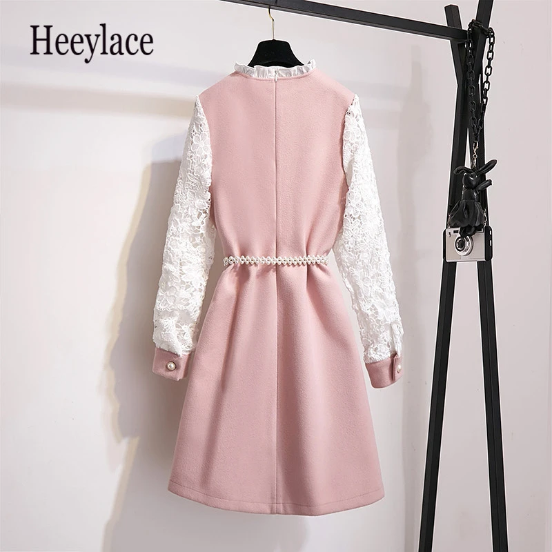 Женские зимние офисные шерстяные платья больших размеров модные Ажурные