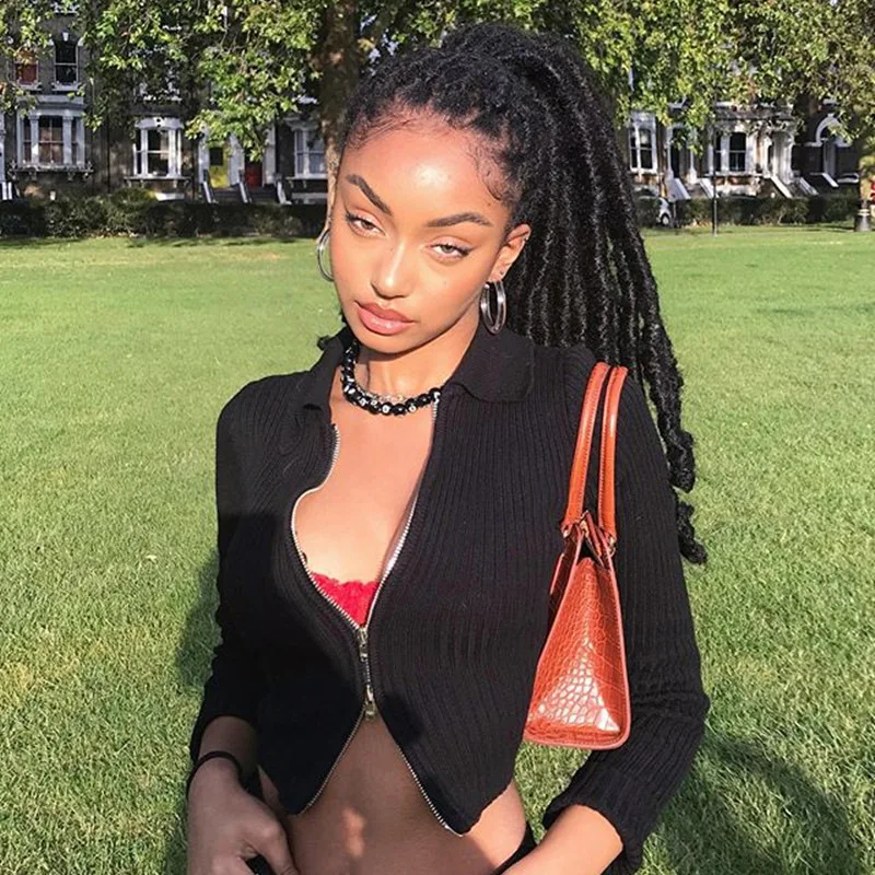 Женский черный свитер на молнии короткий вязаный кардиган с длинным рукавом и