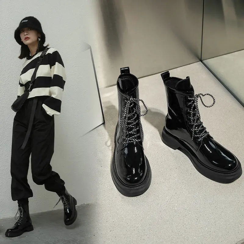 

Concise Fashion Women Ankle Boots Genuine Leather 2021 New Autumn Winter Chunky Heels Women Shoes Night Club Shoes Woman