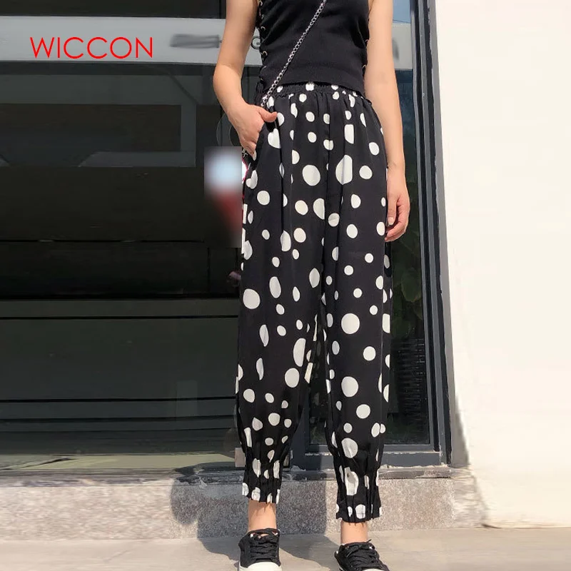 Женские винтажные брюки в горошек повседневные хлопковые и льняные шаровары с