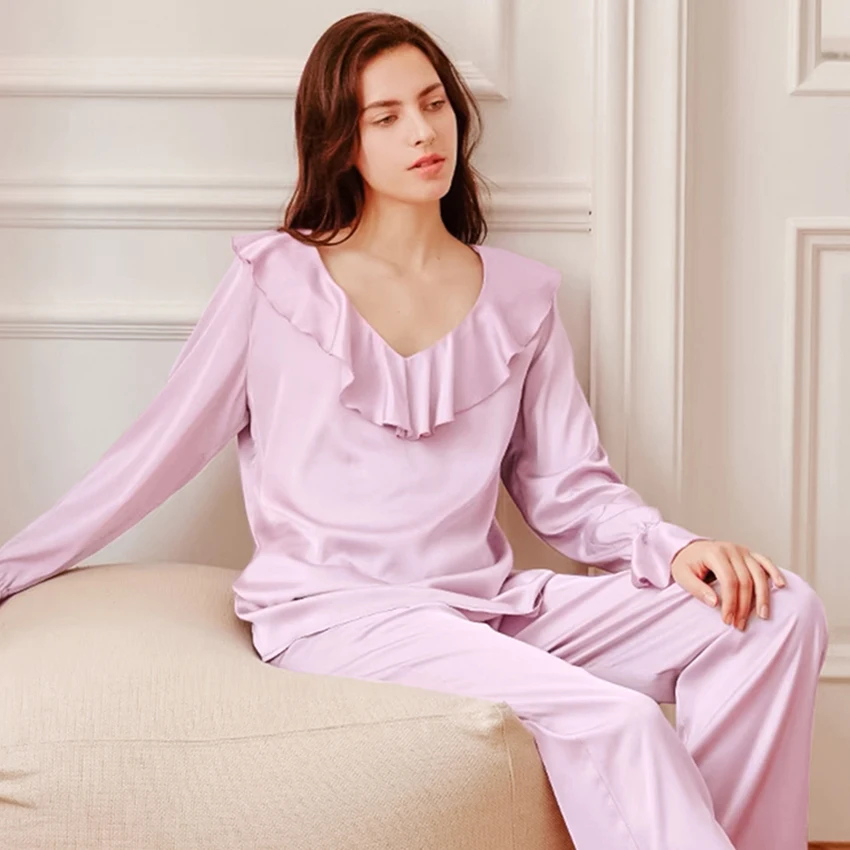 

Restve Peplum Sleepwear Female 2 Piece Set Satin V Neck Long Sleeve Tops Chic Home Suit Sets With Pants Casual Winter 2022