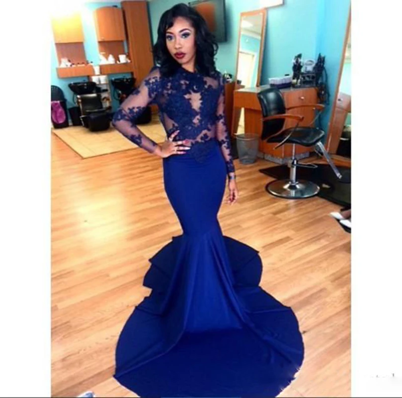 

2020 African Royal Blue Mermaid Evening Dress Sexy Long Elegant Plus Size See Through Sheer Long Sleeve Arabic Prom Party Dress