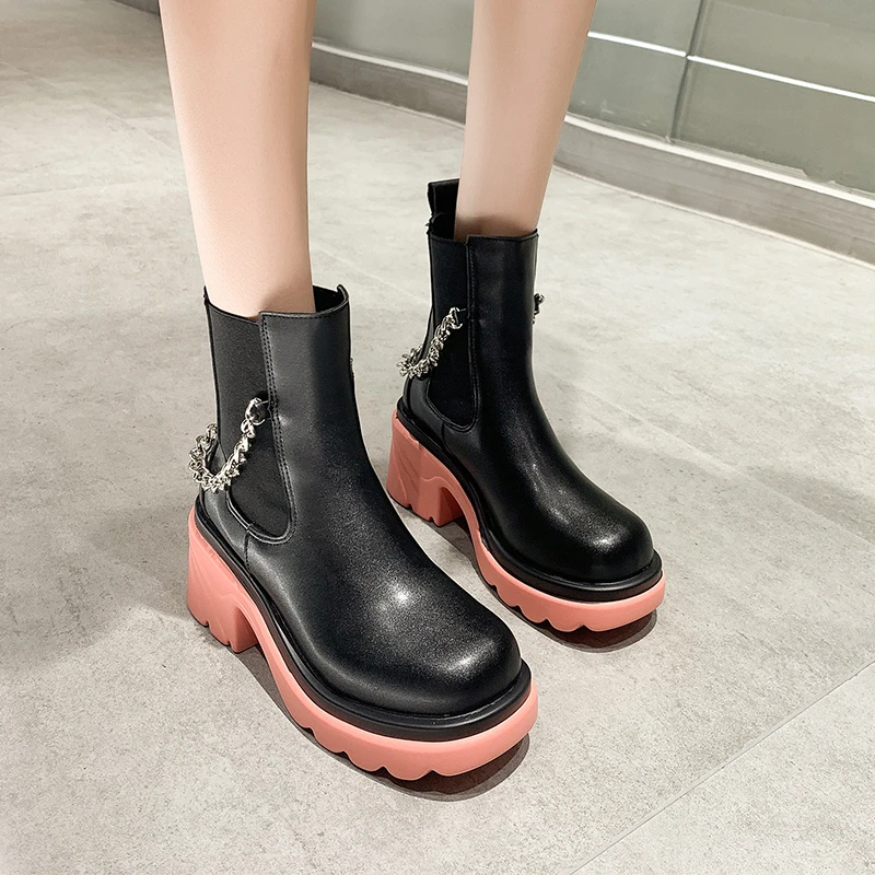 NYBYCACL Women Ankle Boots Med Heel Platform Non Slip PU Leather Soft Short Boots Shoes Round Toe Slip on Boots