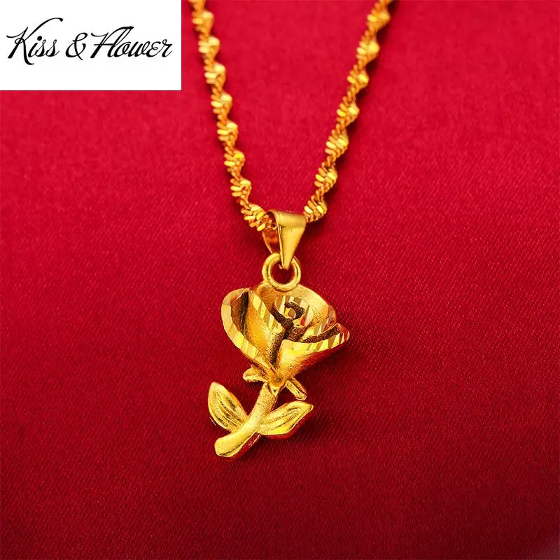 

KISS&FLOWER NK134 Fine Jewelry Wholesale Fashion Woman Birthday Wedding Gift Exquisite Rose Flower 24KT Gold Pendant Necklaces