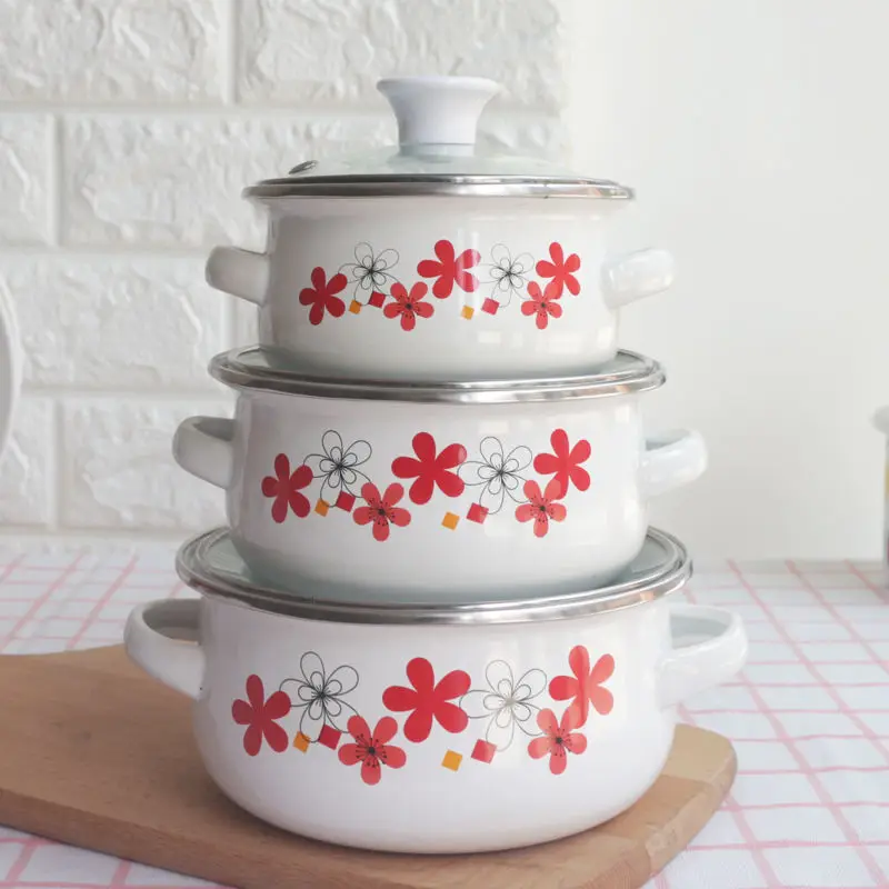 구매 3 조각 에나멜 냄비 16cm1.5L 신선한 유지 그릇 인스턴트 국수 그릇 우유 냄비 아기 쌀 그릇 보완 식품 그릇 수 있습니다