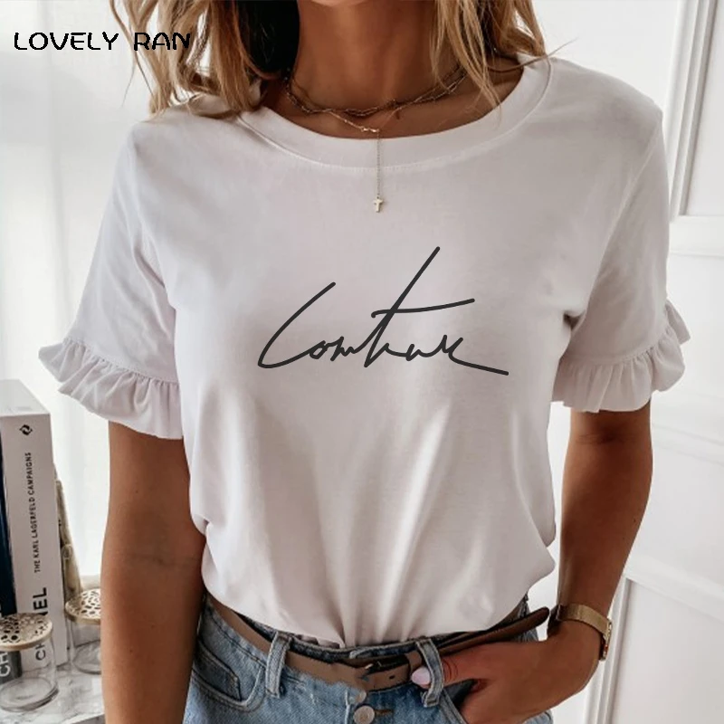 

Letter Printed TShirts For Women Butterfly Short Sleeve Tops O-Neck T-shirt Simple Casual Pullover Female Tee Summer New Fashion