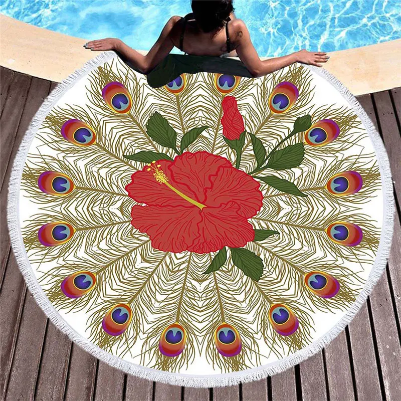 Летнее круглое пляжное полотенце с рисунком павлина и кисточками пляжные