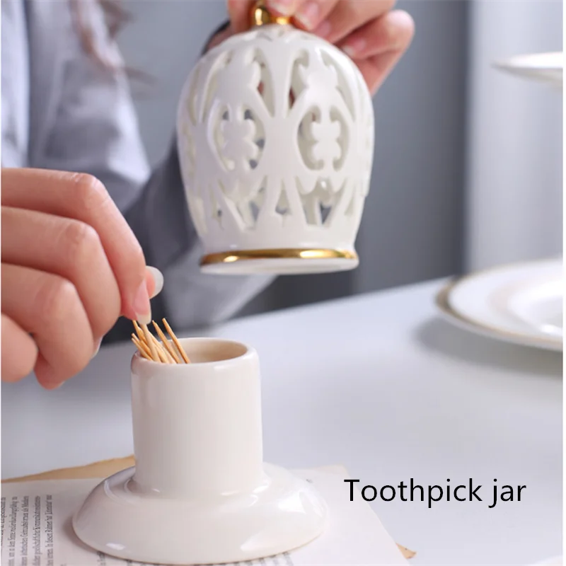 

2021European style cotton swab pot household toothpick holder ceramic hollow carved toothpick box hotel living room decoration