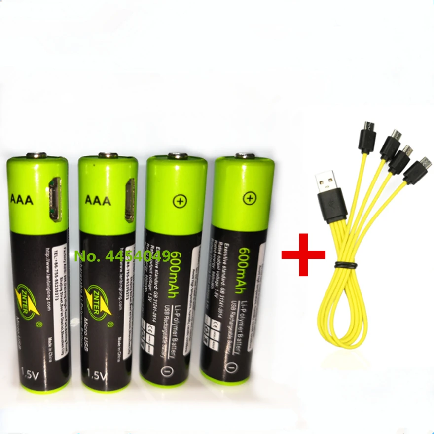 Оригинальная перезаряжаемая батарея ZNTER 1 5 в AAA 600 мА/ч USB литий полимерная Быстрая