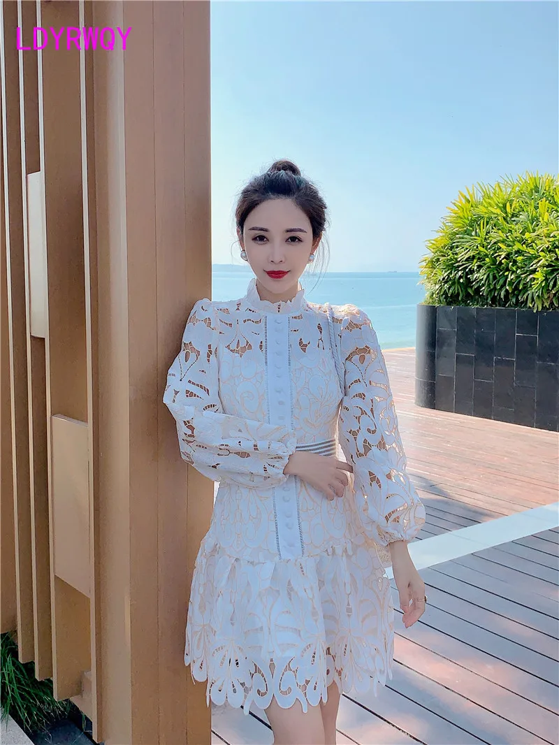 

2020 Retro Totem Hollow Embroidered Puff Sleeve Waist Cotton Dress Lace Knee-Length Regular Print
