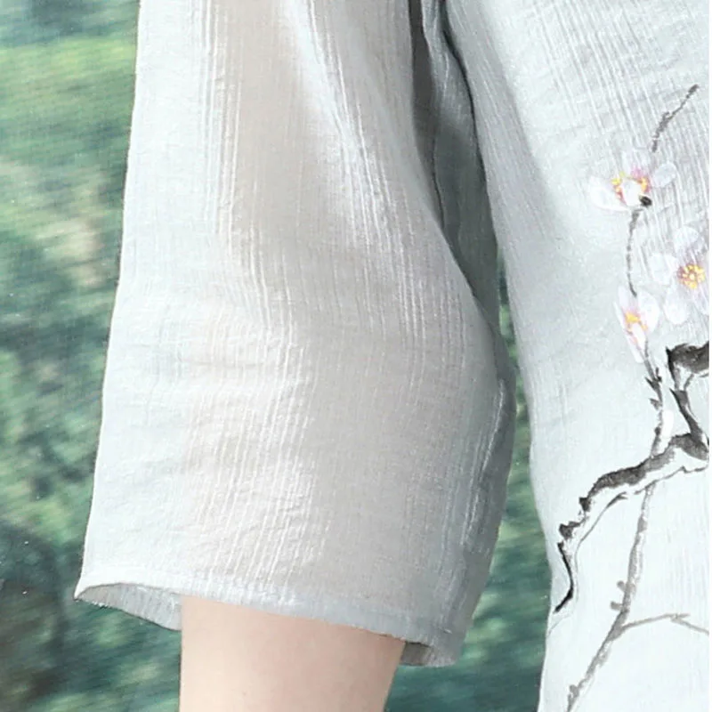 

Blouses Women's Plus Size Blusas 2021 Spring Cotton Blend Prints Splicing Irregular Stand Collar Hanfu Shirts Skinny Tops Woman