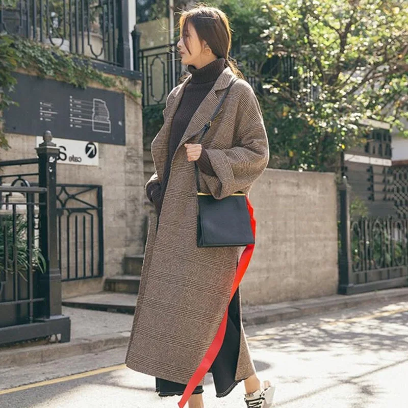 

Women Wool Coat Plaid Suit Collar Long Sleeve Office Lady Coat Jackets -MX8