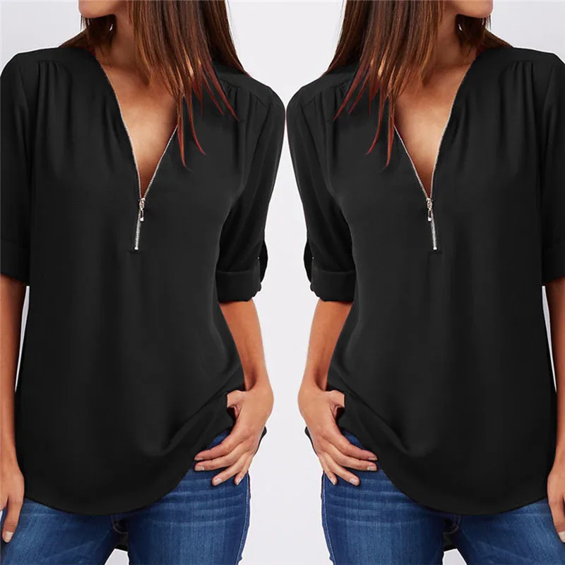 

Zipper Short Sleeve Women Shirts Sexy V Neck Solid Women Top Blouses Casual Tee Shirt Tops Female Clothes Plus Size