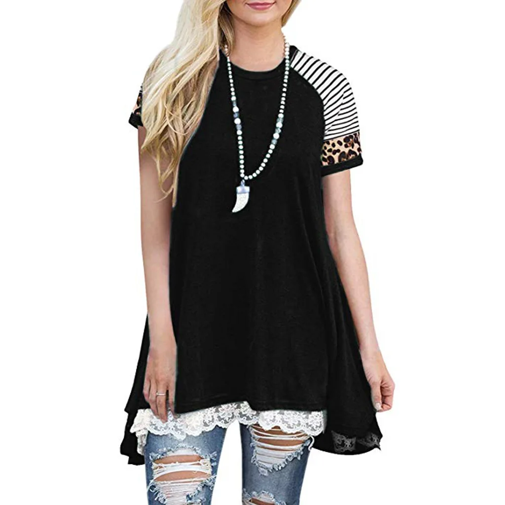 

2021 summer women's leopard stripe Round Neck Lace short sleeve loose top T-shirt for women