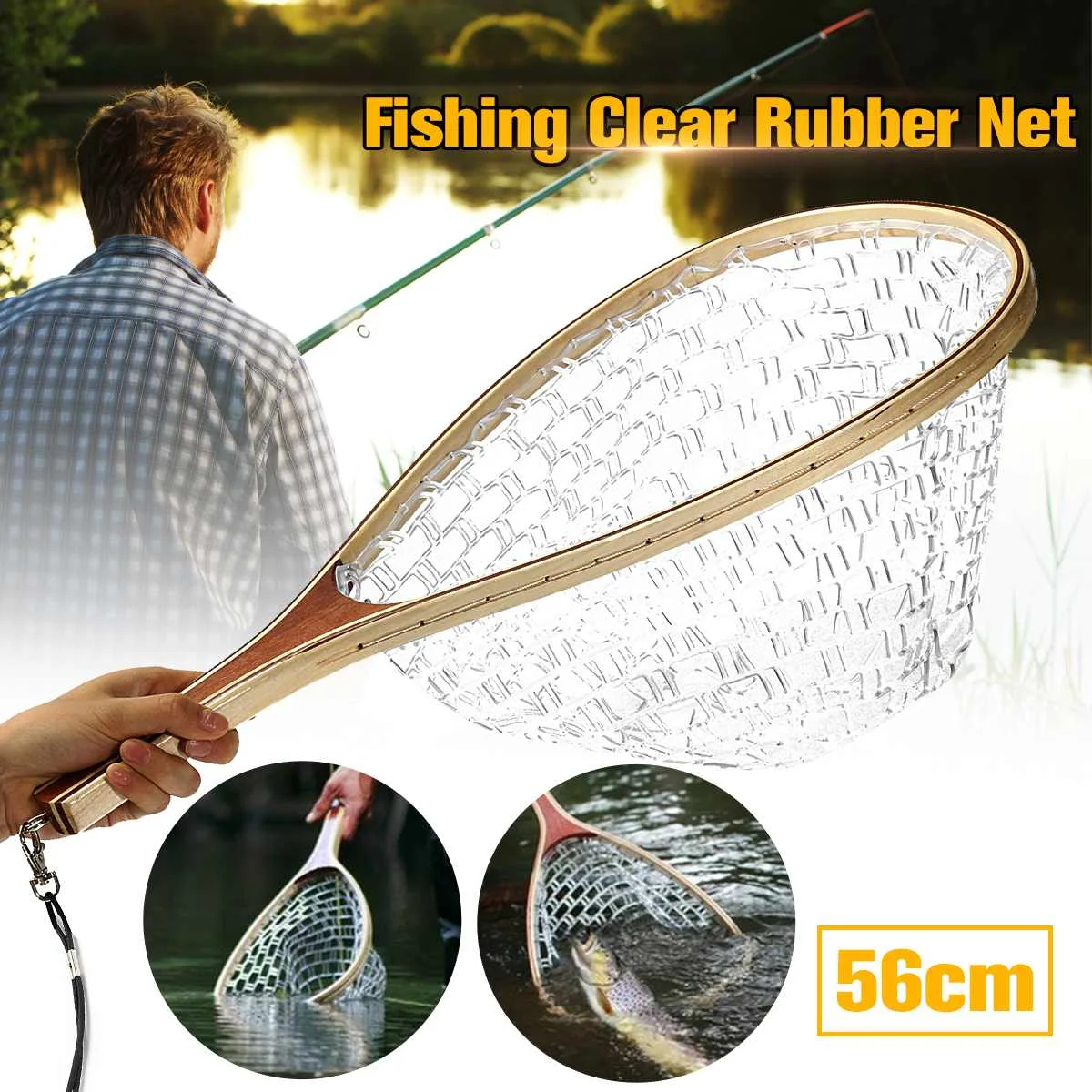 

58CM Wooden Handle Fishing Net Fishing Net Trap Cast Rubber Net Handheld Fishing Net Mesh For Outdoor Fishing Sports Fish Mesh