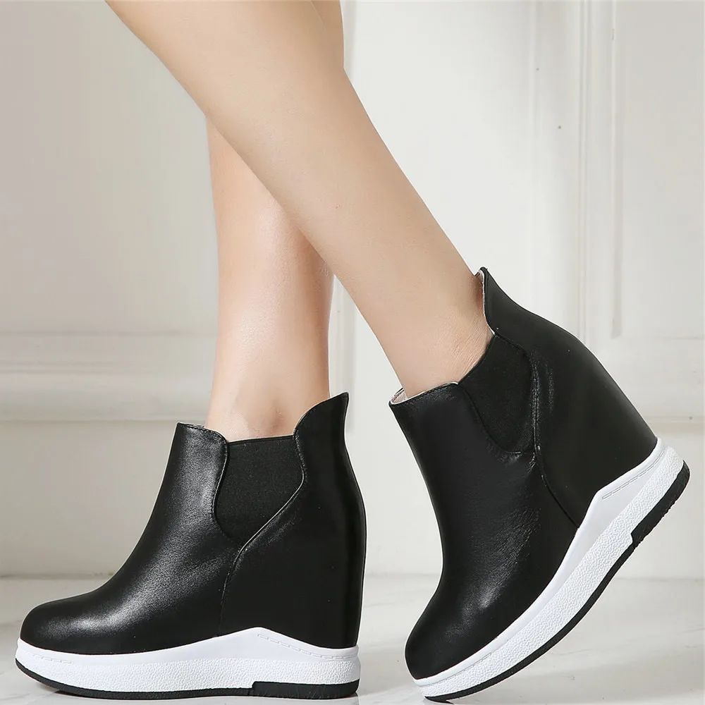 

High Top Platform Pumps Shoes Women Cow Leather Wedges High Heel Vulcanized Shoes Female Round Toe Fashion Sneakers Casual Shoes