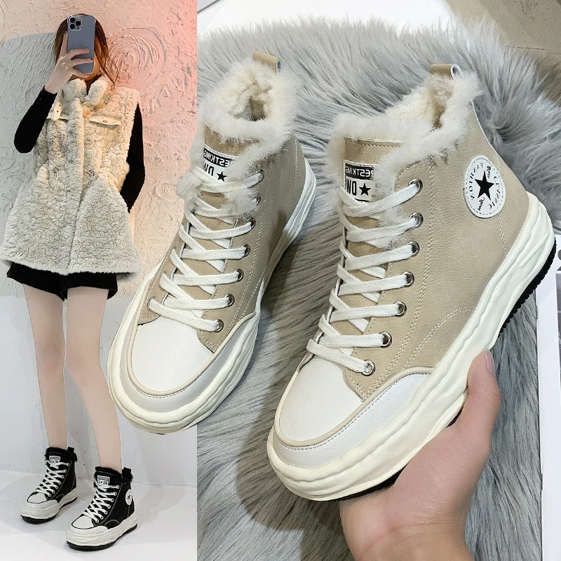 

Новые женские зимние меховые ботинки, удобные теплые кроссовки на толстой плюшевой подкладке, женская обувь из флока на платформе и хлопке, ...