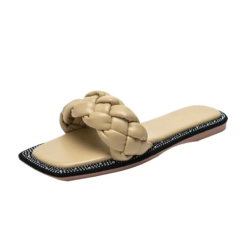 

2021 Women's Sandals Color Diamond Flats Braid Sandals Casual Summer Outside Beach Holiday Wear Shoes Slides Hot Slippers