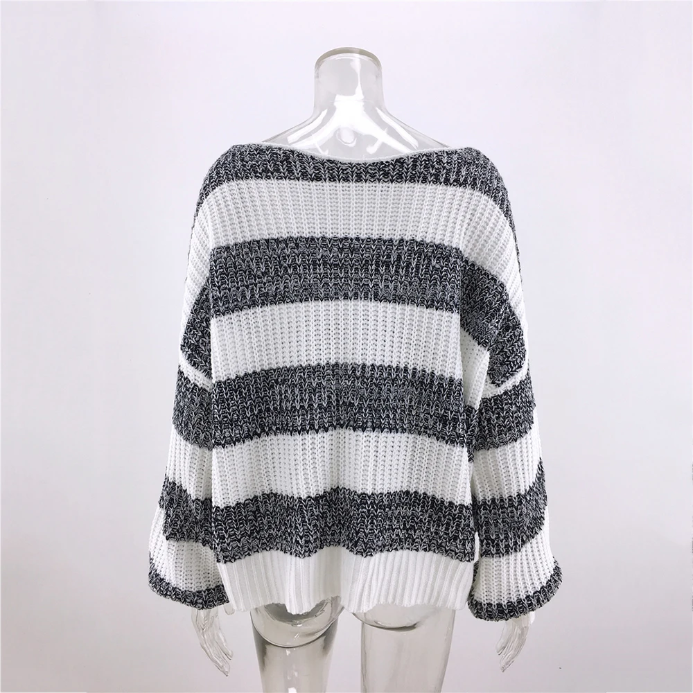 

Women Casual Striped Sweater Large Size Streetwear Long Sleeve O-neck Loose Pullovers and Sweaters Autumn Winter Clothes