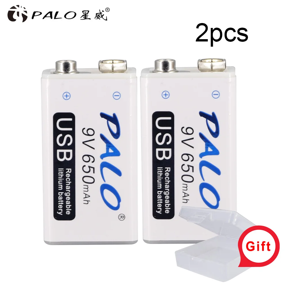 PALO 9V USB перезаряжаемые литиевые батареи батарея 650mah 9v bateria usb для рации Домашний Массажер металлический обнаружитель - Цвет: 2pcs