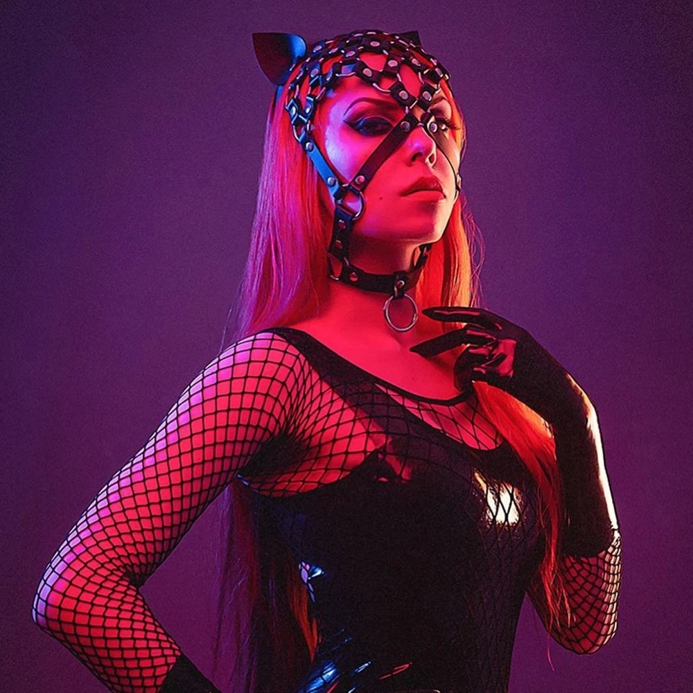 Сексуальная женская маска на голову из искусственной кожи с сетчатой вставкой