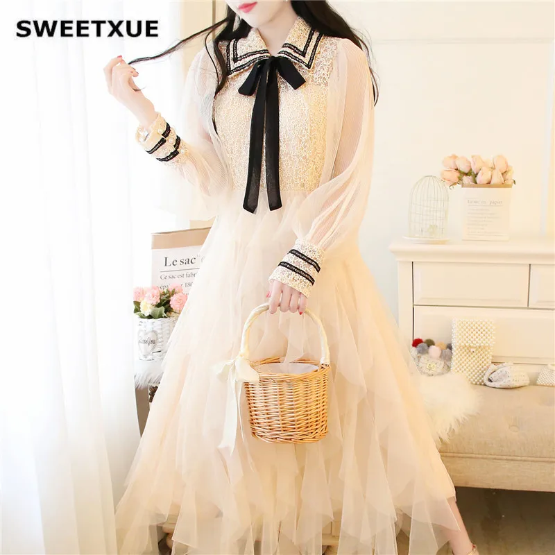 SWEETXUE/2020 весеннее кружевное платье с отворотами и бантом на шнуровке Длинные