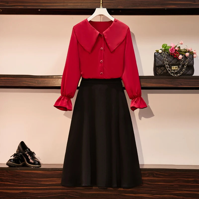 Женский Осенний элегантный костюм большого размера с юбкой красный топ и черная