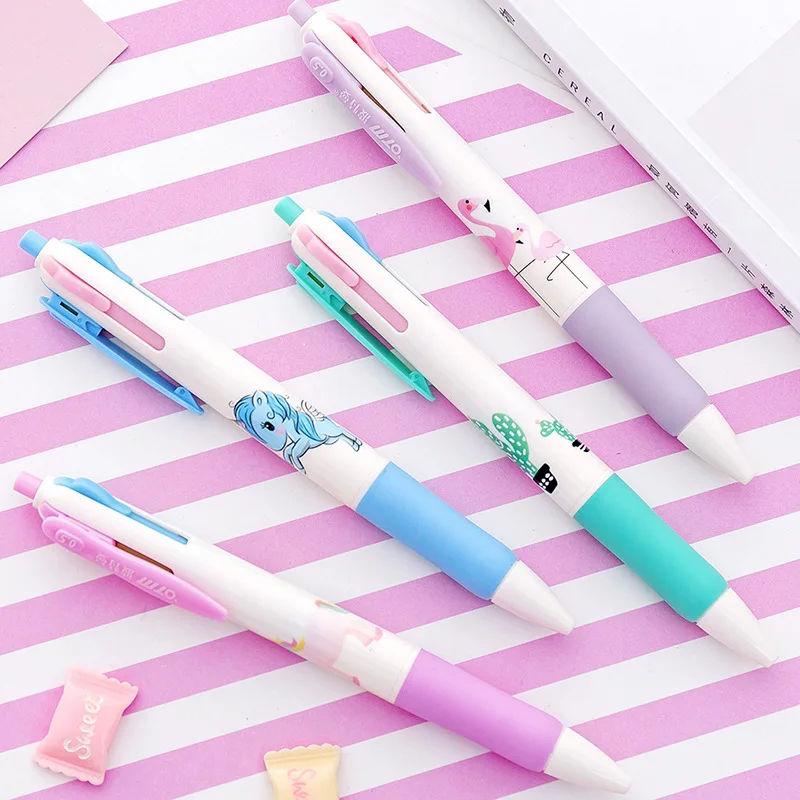

Cartoon Gel Pens Flamingo Unicorn Cactus Cute Stationery 4 Colors In 1 Retractable Ballpoint Pen for Painting