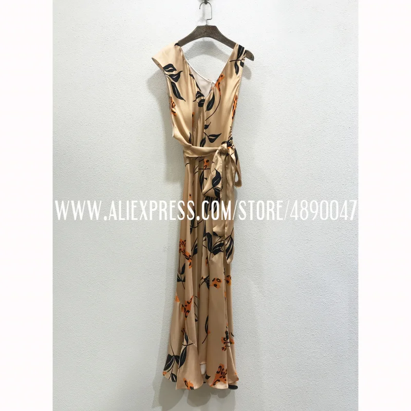 

Asymmetric V-neck Printed Waist Tie Dress Silk Printed Mermaid Dress High Quality Sleeveless Long dress