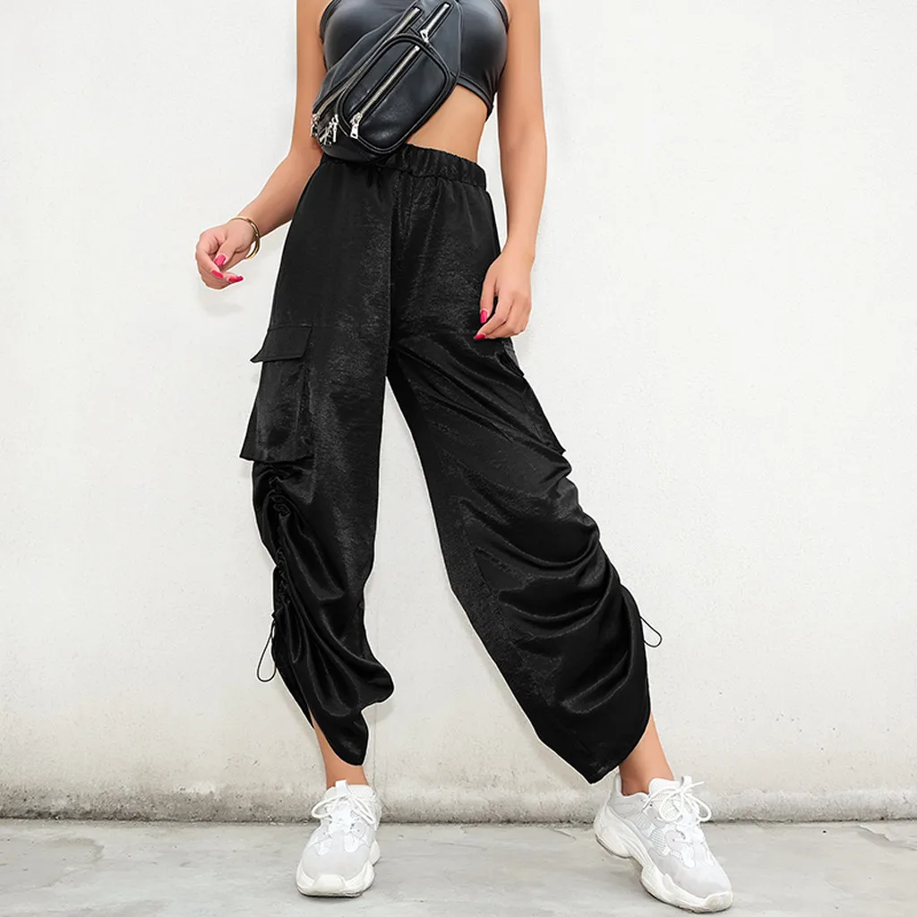 Women Pants Baggy Wide Leg Solid Gothic Punkt Casual Loose Elastic Trousers Pockets Full pantalones de mujer |