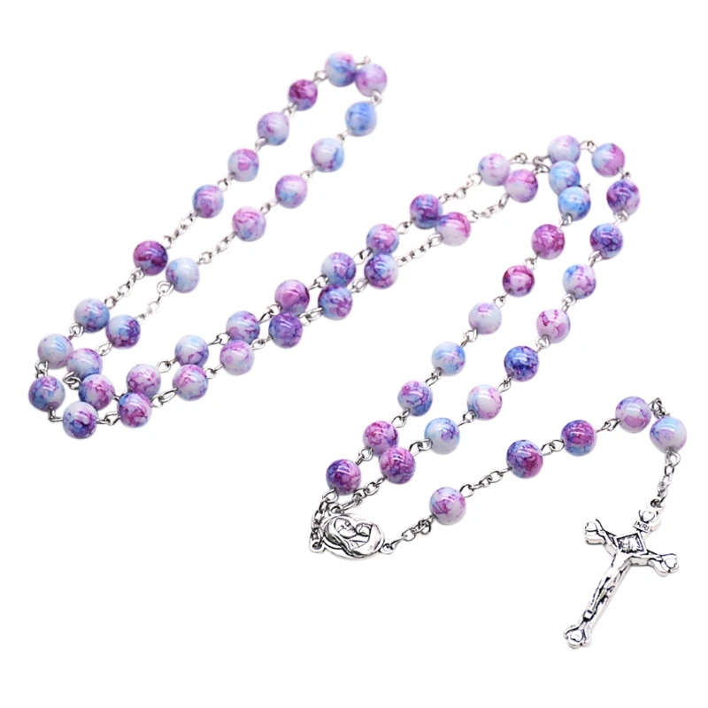 

449C Handmade Rosary Necklace with Jesus Crucifix Prayer Beads Catholic Religious Ornament Christian Prayer Gift