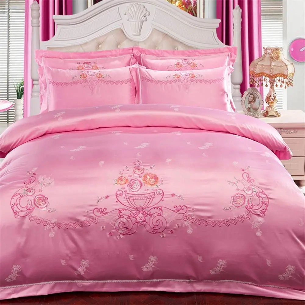 

Papa&Mima Pink Flower Carriage Silk Cotton Blend Jacquard Bedding Queen King Size Bedlinens Bedsheet Duvet Cover Set Pillow Sham
