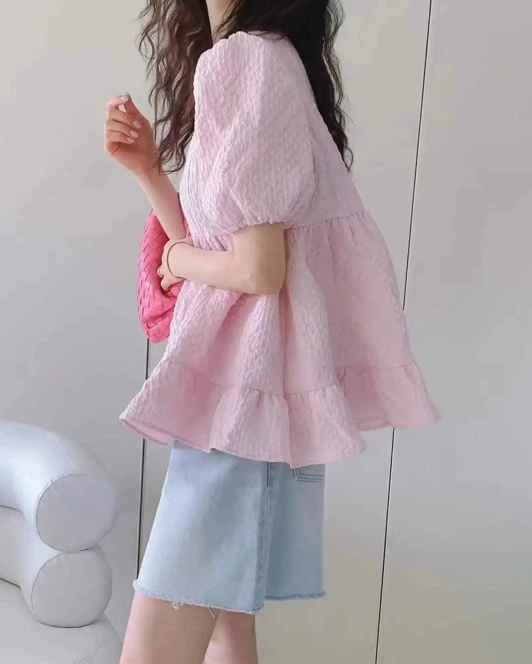 

Sweet Ruffle Doll Shirt Korean Puff Sleeve O-neck Causal Blouse Tops Summer New Solid Blusas Mujer De Moda 2021 pink