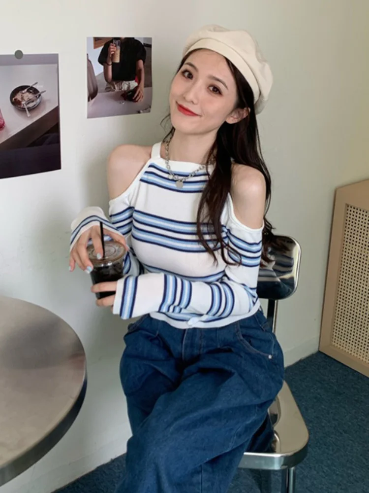 Женский свитер с открытыми плечами красная сетчатая кофта в полоску длинным