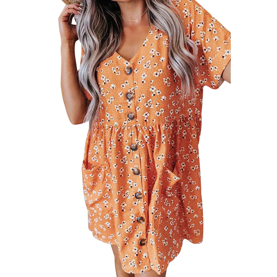 

Fashion Pullover Dresses For Women 2021 Summer Floral Printed V-Neck Short-Sleeved Single-Breasted Loose Pocket Dress Robe Femme