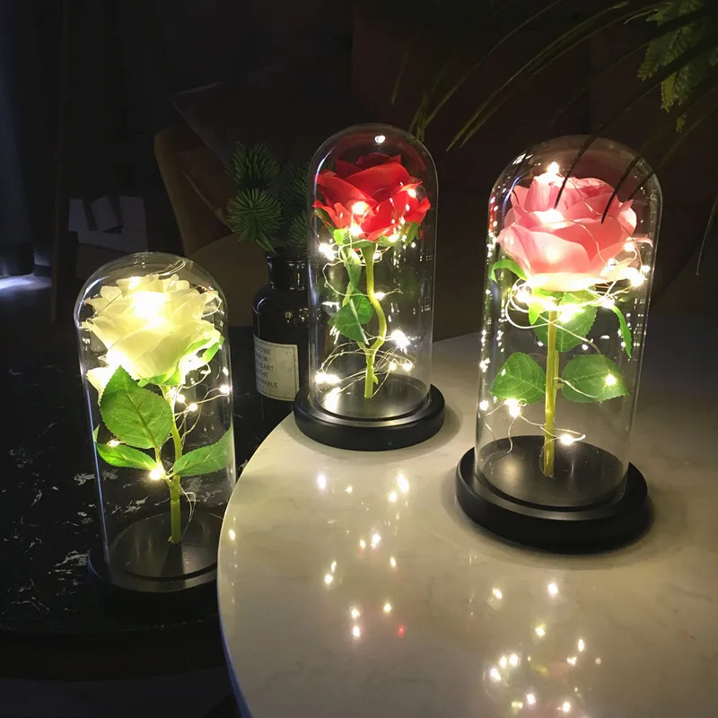 

Artificial Eternal Rose LED Light In Glass Cover Christmas Home Decor for Mother Valentines Day New Year Gift