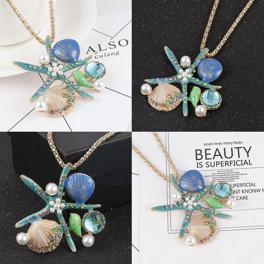 

White Pearl Blue Enamel Crystal Conch Starfish Pendant Long Necklace For Women Starfish Scallop Pearl Pendant Necklac K3v8