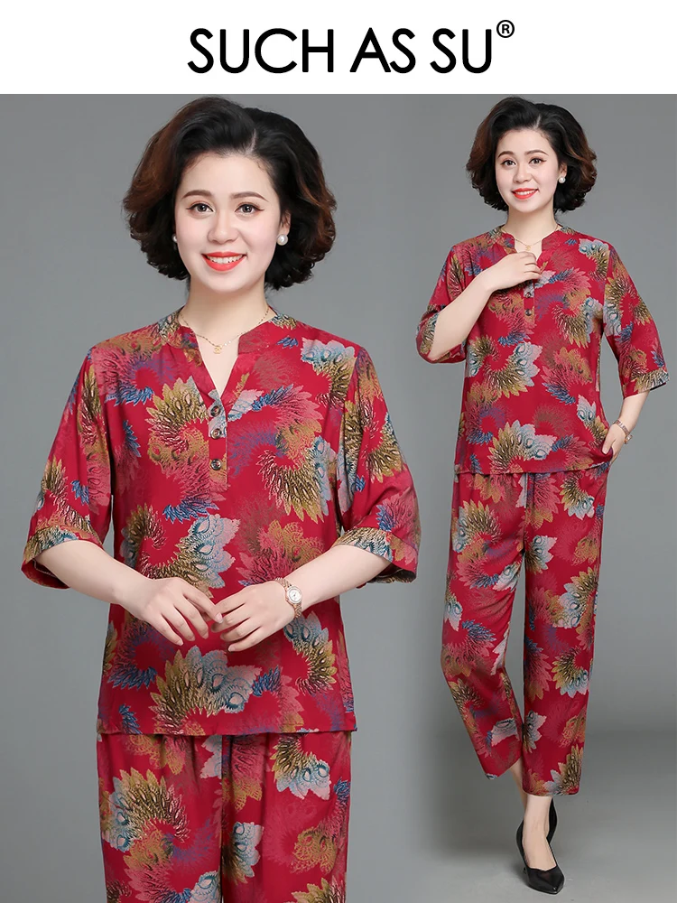 

SUCH AS SU Women 2021 Summer V-Neck Multicolor Temperament Top+Pants Two Piece Suit Casual Ladies Plus Size Mother Suits 15802