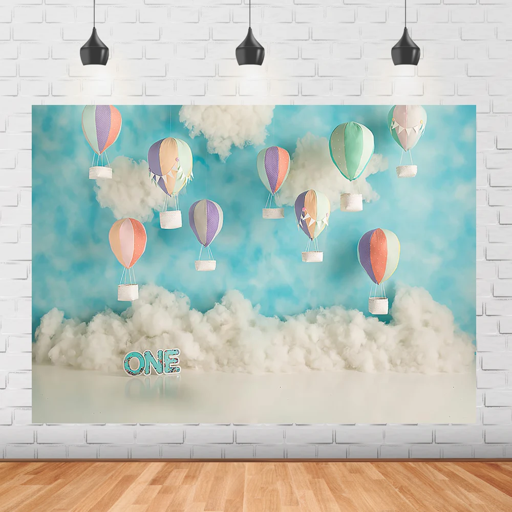 

Boys Birthday Background for Photographic Hot Air Balloon Theme Blue Sky White Clouds backdrop Cake Smash Kid 1st Birthday Decor