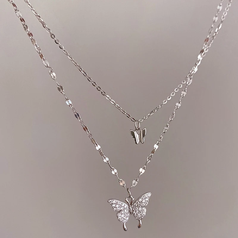 

New Metal Flash Diamond Butterfly Double Necklace For Women Simple Design Crystal Elegant Wedding Jewelry Party Gifts