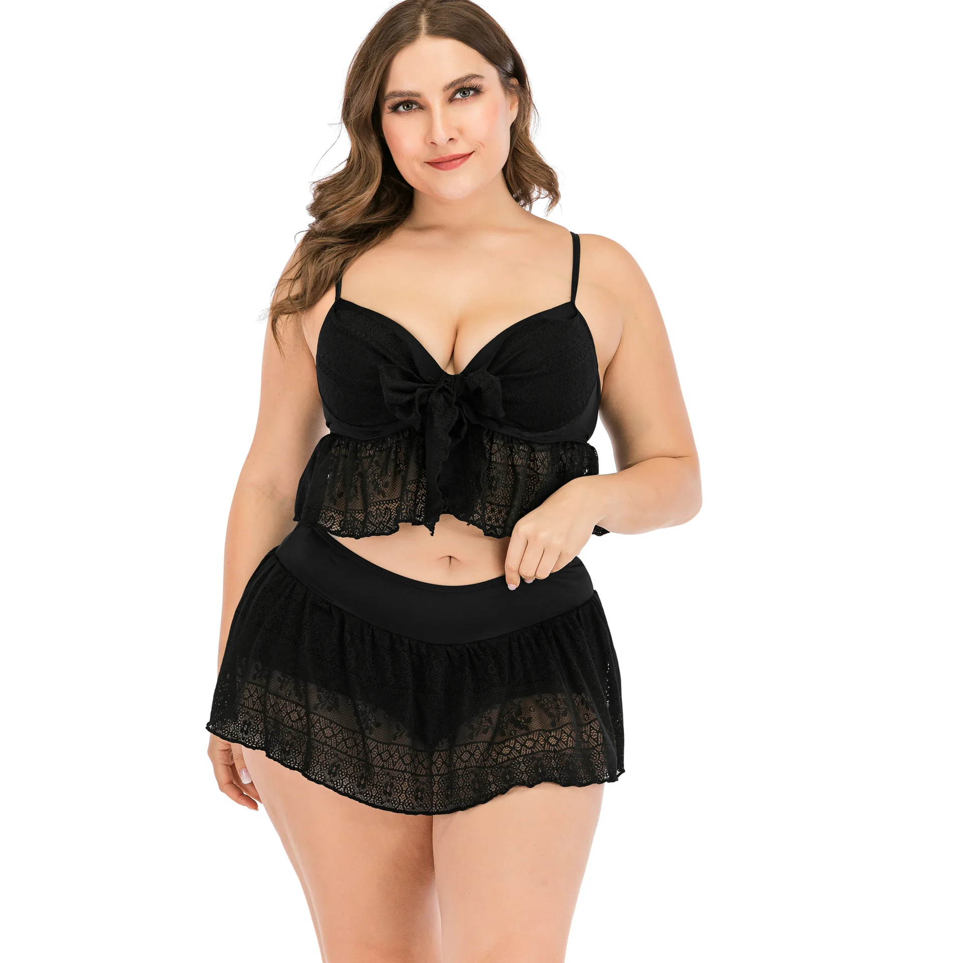 

Luren Plus Size Swimwear 2021 European and American Black Sexy Lace Two-piece Swimsuit Hollow Bikini Skirt Women Clothing