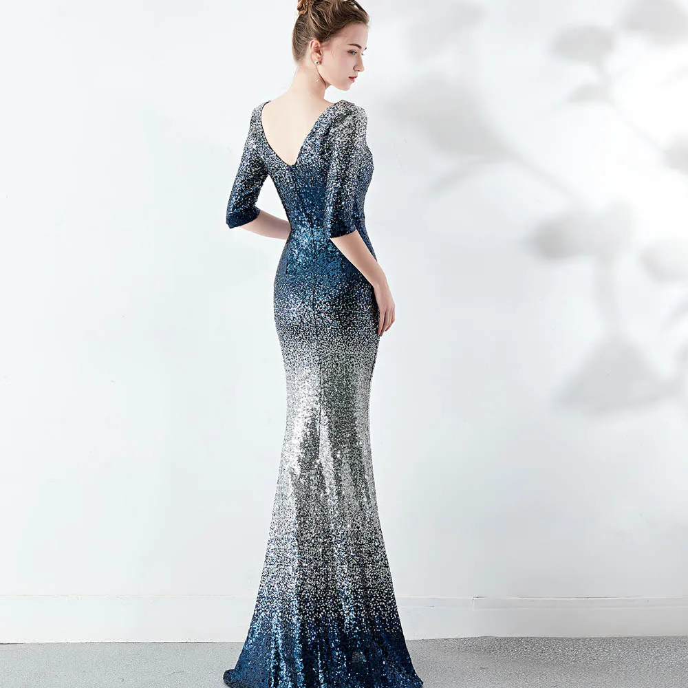 Блестящее Золотое женское элегантное вечернее платье с рукавом средней длины