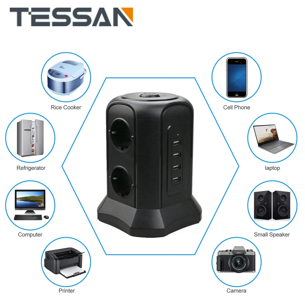 

TESSAN 6-разъем башня 2500W / 10A с 4 USB 5V / 4.5A в красный горошек с выключателем и кабелем 2М, защита от короткого замыкания, защита для дома, офиса,