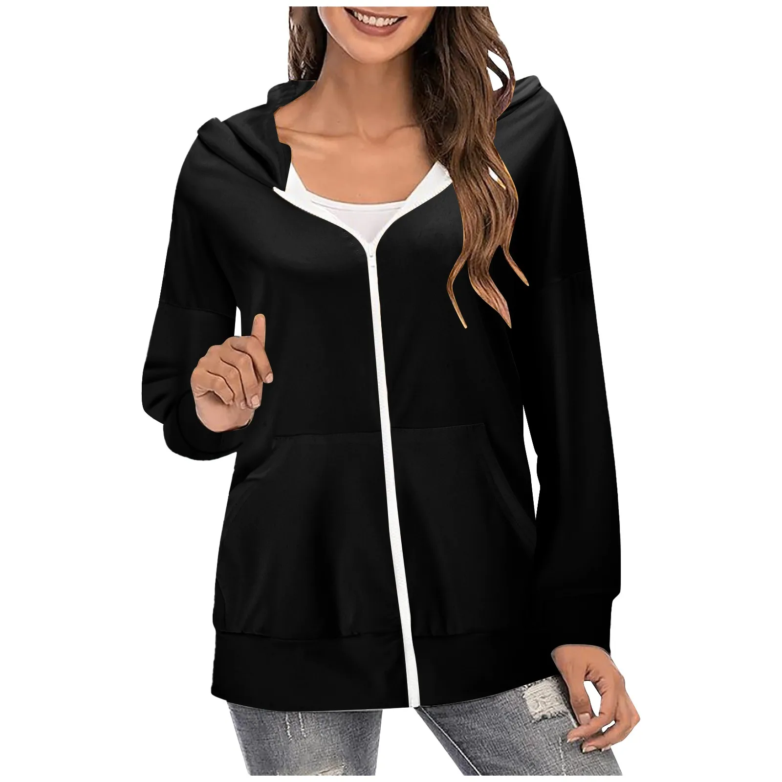 

2021 New Jackets Women Printed Zipper Hooded Long Sleeve Casual Sweatshirt Pocket Jacket #30